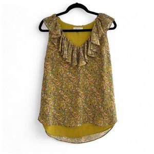 Rebecca Minkoff Mustard Floral Paisley Boho Sleeveless Ruffle VNeck Blouse Small